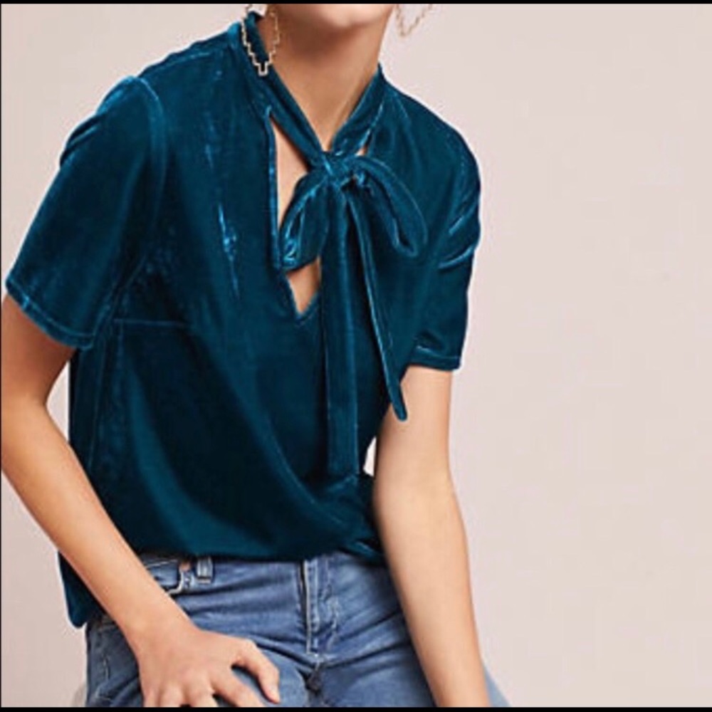 Sunday in Brooklyn Blue Velvet Tie Neck Top